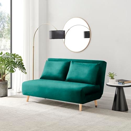 Image of Furniturebox UK Sofa Bed - 'Bobby' Green Velvet Fabric 2 Seat Sofa Unfolds Into Double - Compact Style Traditional Futon Inspiration - Fold Out Bed Guest Bed Living Room Bedroom Guest Furniture