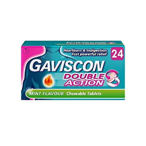 Image of Gaviscon Double Action, Chewable tablets, Mint, 24 tablets, Heartburn & Indigestion, Fast powerful relief, Gets to work in minutes, Dual relief on the go, Targets Heartburn and indigestion instantly