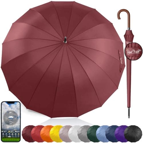Image of Royal Walk Windproof Umbrella Black Large 54 Inch Automatic Open for 2 Persons Stormproof for Men Women Classic Wooden Handle Lightweight Waterproof Durable Strong 16 Ribs Travel Golf 120cm Dark Red