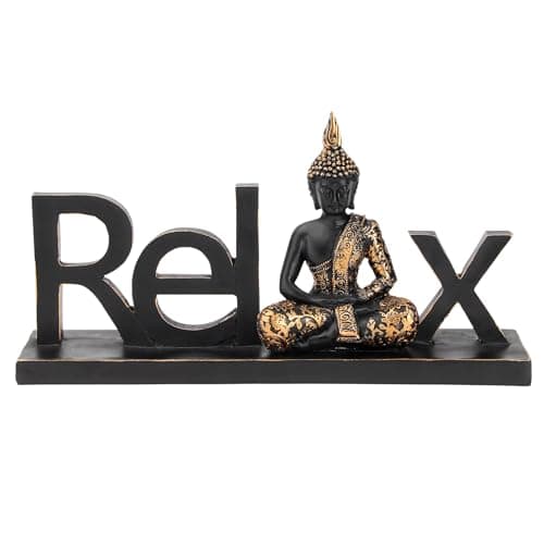 Image of Smadeer Buddha Statue for Indoor Home Decor 26cm Wide Relaxing Zen Ornament for Mantelpiece Shelf & Meditation Room Antique Gold Black Resin Figurine Spiritual Mindfulness Gift