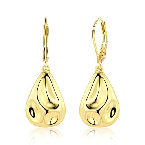Image of Teardrop Gold Dangle Earrings for Women, 14K Gold Plated Hammered Chunky Thick Waterdrop Dangling Drop Earrings 925 Sterling Silver French Leverback Teardrop Earring for Women Trendy Elegant Jewelry