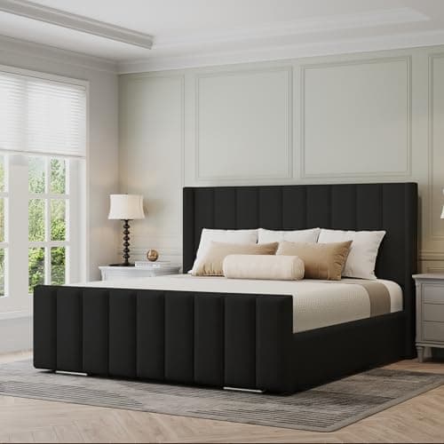 Image of Furnishion Vienna Wingback Super King Bed Frame, 6ft Super King Size Bed, Luxury Plush Velvet Upholstered Panelled Design, Strong Wooden Beds Frame 6ft Size with High Headboard in Black Plush