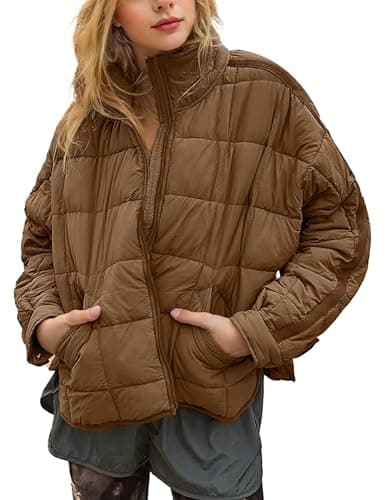 Image of Omoone Women's Quilted Puffer Jacket Zip Up Oversized Lightweight Padded Down Coat Outerwear, Brown, M