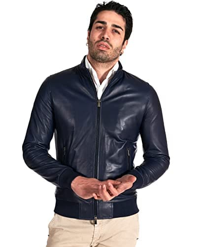 Image of D'Arienzo Mens Blue Leather Bomber Jacket Genuine Leather Made in Italy 106 44/XXS/Blue