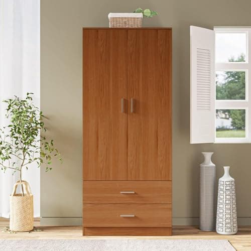 Image of 2 Door 2 Drawer Wardrobe with Hanging Rail Wooden Clothes Storage Cupboards Unit for Bedroom Furniture 76.8 * 50 * 180cm (Oak Effect)