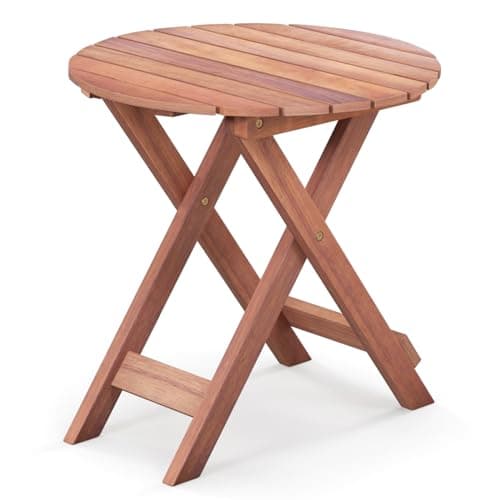 Image of COSTWAY Folding Side Table, Solid Acacia Wood Small Garden Coffee Table, Weather-Resistant Indoor Outdoor Foldable End Bistro Snack Table for Patio, Balcony, Yard and Poolside, 46x46x45cm (Round)
