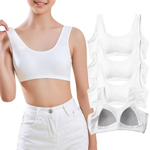 Image of Bysion Girls Sports Bra CottonTraining Underwears with Fixed Bust Pad Teenage U Shape Back Bras Kids Seamless Sleep and Daily Crop Top for 10-14 Years, 4 Pack White
