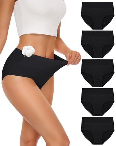 Image of SIMIYA 5 Pack Women's Knickers, High Waisted Ladies Cotton Knickers Comfy Stretchy Full Briefs Women Multipack Slight Tummy Control Pants L Black