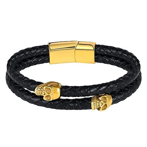 Image of Feilok Braided Leather Bracelet for Men Skull Leather Bracelet with Magnetic Clasp Gold