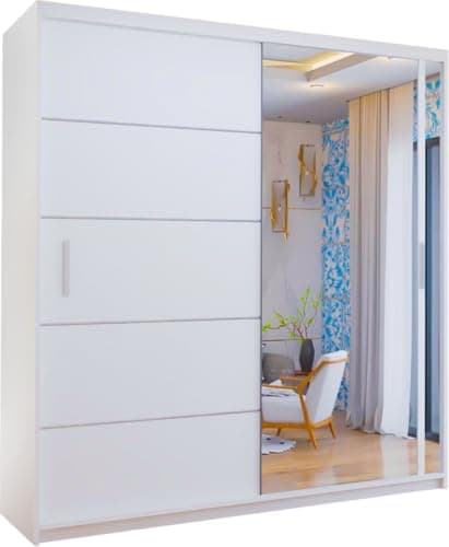 Image of FURNITUREWAVE Vista Double Sliding Door Mirror cupboard, 2 Door cabinet with Hanging Rails & Adjustable Shelves, Space Saving Wardrobe for Bedroom (White, 150cm)