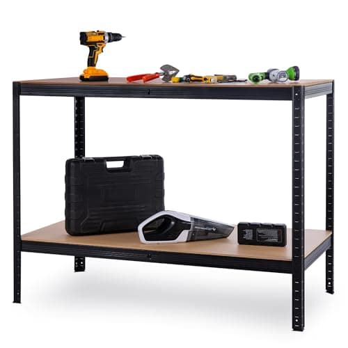 Image of Albert Austin Heavy Duty 2 Tier 120x90cm Garage Workbench Steel Frame with MDF Wood 400kg Load Capacity with Non-Slip Feet Work Table for DIY Tools Home Workshop & Shed 2 Shelves for Storage