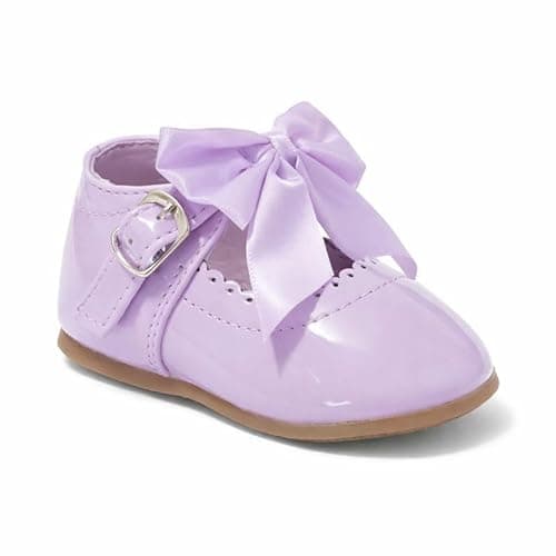 Image of Girls Spanish Bow Shoes Shiny Patent Baby White Pink Camel Navy Blue Black Cream Red Grey (Lilac, UK Footwear Size System, Infant, Numeric, Medium, 3)