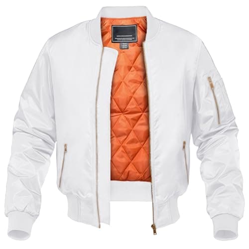 Image of KEFITEVD Winter Jacket Men Bomber Military Jackets Full Zip Warm Flight Varsity Coats with 4 Pockets,White,XL