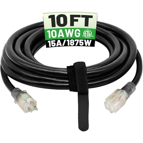 Image of POWGRN 10 Ft 10AWG Black Outdoor Extension Cord Waterproof Heavy Duty 10 Gauge 3 Prong, Flexible Cold-Resistant Power Cord Indoor & Outside with Lighted Indicator End, 15Amp 1875W SJTW ETL Listed