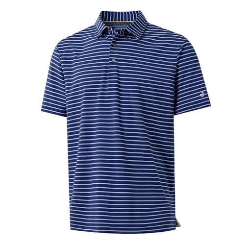 Image of Rouen Mens Polo Shirts Short Sleeve Dry Fit Performance Moisture Wicking Causal Striped Polo Collared Golf Shirts for Men, Dark Blue/Light Blue Stripe, Large