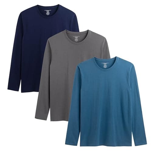 Image of Mens Long Sleeve T-Shirts 3 Pack Multicoloured Breathable Shirts for Gents Comfortable Soft Hand Feel Long Tee Crew Neck 100% Cotton Top Size S-XXL (UK, Alpha, XXL, Regular, Regular, Navy/Blue/Grey)