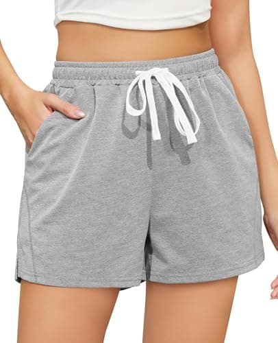 Image of Vlazom Women's Activewear Shorts with Pockets Soft Cotton Sports Shorts with Drawstring Lounge Active Bottoms for Running Gym Lounge Light Grey,M