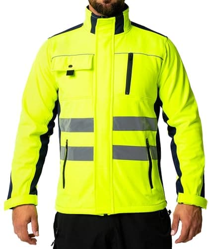 Image of Sam Caan® Hi Vis Softshell Jacket Men High Visibility Viz Reflective Water Resistant Shower Proof Rain Repellent Windproof Safety Site Coat Work Wear Builder Soft Shell Workwear Warm Top