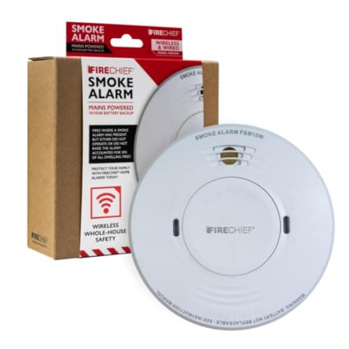 Image of Smoke Alarm with Wireless Interlink - Mains Powered Fire Alarm With 10 Year Battery Backup - Kitemark Certified to BS EN 14604 - Wirelessly Interlink with Firechief Alarms for Home - FSM10W Model