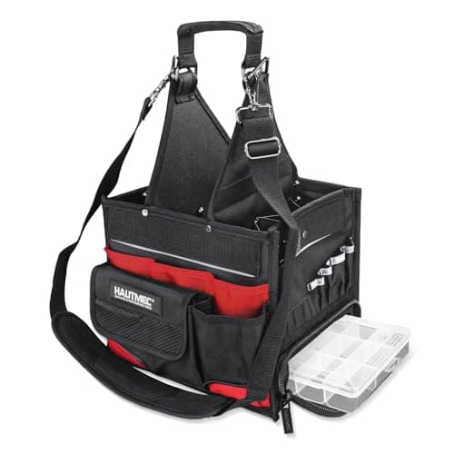 Image of HAUTMEC Heavy-Duty Electrician Tool Bag with Parts Tray, 37-Pocket Open Top Tool Tote with Reinforced Hard Base, Water-Resistant Oxford Fabric, Antiwinding Shoulder Strap – HT0174