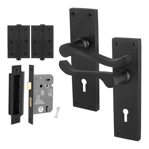 Image of EAI Black Victorian Scroll Lock Handle Set, 1 Pair Matt Black Internal Lever Door Handles on Backplate, Lock (64mm) and Hinges