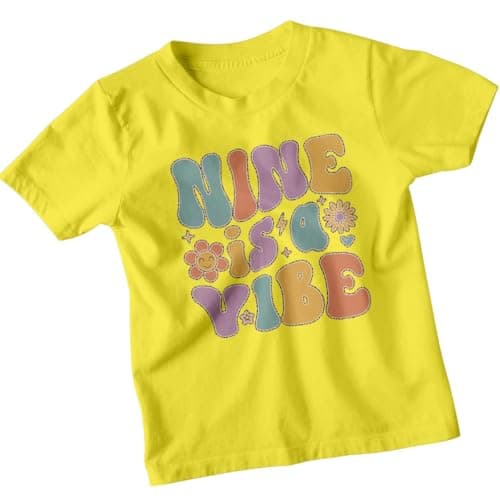 Image of Nine is A Vibe Ninth Birthday Kids T-Shirt Groovy Retro Boys Girls Celebration Tee 9-11 Years Yellow