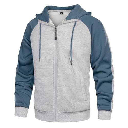 Image of Wirltte Mens Hoodies Zip Up Hoodie Patchwork Fleece Jacket Winter Warm Hooded Greyblue M