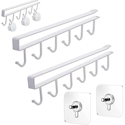 Image of Menmamenma Mug Holder Under Cabinet Cup Rack Organizer with 6 Hooks Under Shelf Hanger Drilling Free Drying Cupboard Storage for Kitchen Restaurant Hanger Tea Cup Display Rack - White