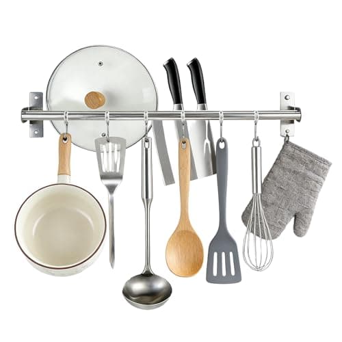 Image of Apradas 30cm No Drilling/Drilling Kitchen Utensil Rack with 6 Hooks - Wall Mounted Stainless Steel Kitchen Utensil Rail Pan Hanger for Bathroom Bedroom Living Room (30cm)