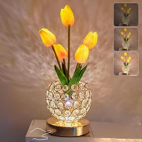 Image of Wekity Tulip Flower Lamps, 3 Colors Touch Stepless Dimming Crystal Night Light, Rechargeable Artificial Flower Light, LED Flower with Vase Lamp Romantic Decor for Date Party Home (Tulip2 - Pink)