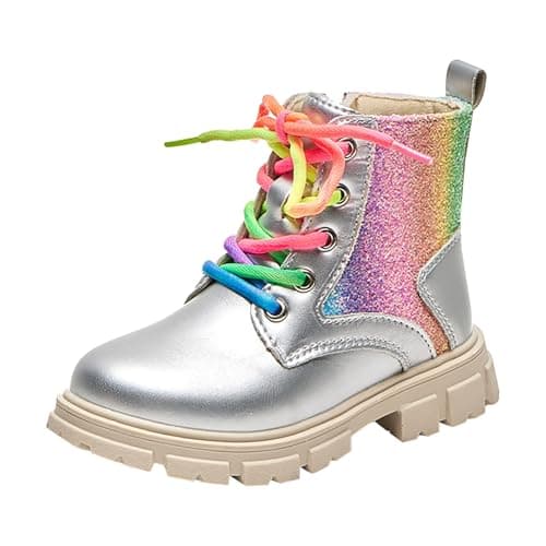 Image of Size 11.5 Girls Glitter Ankle Boots Side Zipper Combat Shoes with Lace up Faux Leather Lug Sole Chelsea Booties Sparkly Low Heel Short Booties for Toddler/Little Kids/Big Kids #02_Silver