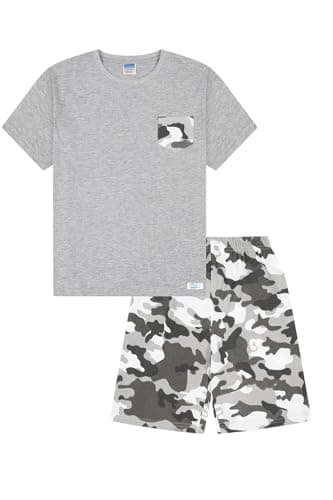 Image of ThePyjamaFactory Boys Grey Camouflage 100% Cotton Short Pyjama Set (12-13 Years)