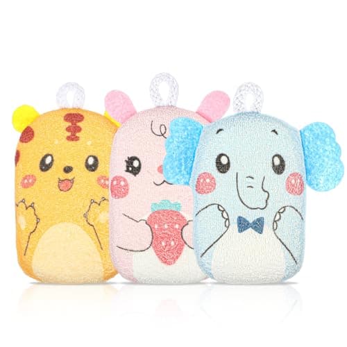 Image of Sibba Bath Loofah Sponge, 3 Pcs Baby Sponge Body Scrubber, Cute Animal Pattern Design, Gentle Soft and Easy to Lather, Enjoy Your Bath Time (Tiger/Rabbit/Elephant)