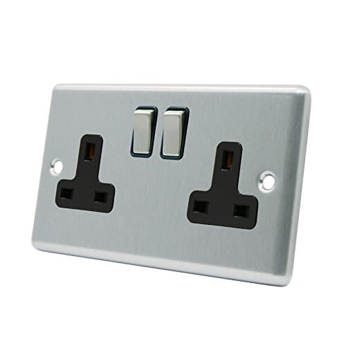 Image of AET CSC2GSOCBS Satin Chrome Classical 2 Gang Black Insert Metal Rocker Switches-13 Amp Double Plug Socket, 250 V