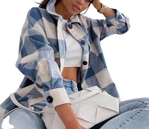 Image of TOMPPY Women'S Boyfriend Shacket Checked Flannel Shirt Jacket Oversized Long Lantern Sleeved Blouse Button Pockets Shirt Tops Check Coat Wool Blend Autumn Spring Winter,Blue,M