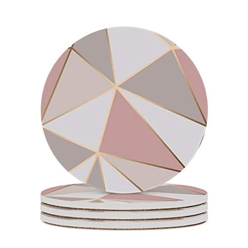 Image of Vibiliyou Pink White and gray geometric triangle pattern Ceramic Set of 4 Absorbent Round Coasters for Drinks 4 inch - Ceramic Stone Cup Mat Water Absorb Spill Coaster for Mugs and Cups
