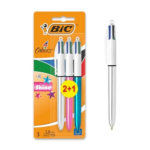 Image of BIC 4 Colours Pens Multicolour Shine - Assorted Metallic Barrel Retractable Ballpoint Pens - Pack of 3