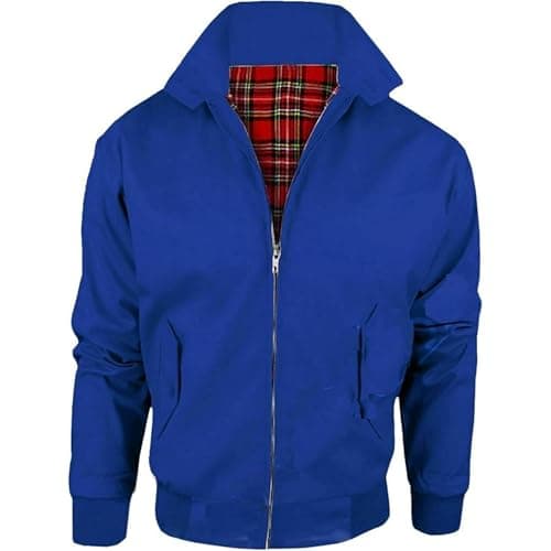 Image of LE11® Harrington Jacket – Smart Casual Unisex Men's & Women's Coat | Vintage Classic Retro 1970's Scooter MOD Skin Bomber | Tartan Lining British Style Zip-Up Bomber Jacket (Royal Blue, XL)
