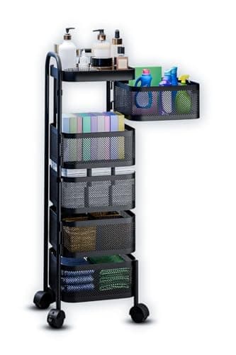 Image of HYGRAD BUILT TO SURVIVE 4/5 Tier Square Rotating Kitchen Bathroom Trolley Cart Storage Basket Shelf With Wheels -Vegetable, Fruit Rack Storage Pantry, Bathroom – Black (5 - Tier)