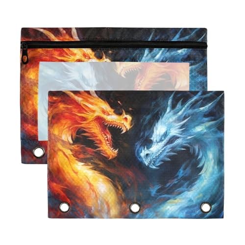 Image of Fuauuyl Ice Fire Dragon Pencil Pouch for 3 Ring Binder Clear Window Pencil Case for Binder Pencil Bags with Zipper -2 Pack