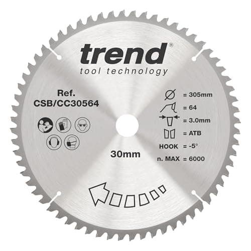 Image of Trend Wood Mitre Saw Blade, 305mm Diameter, 30mm Bore, 64 Teeth, 3mm Kerf, -5° Hook, TCT, Fine Finish, CSB/CC30564