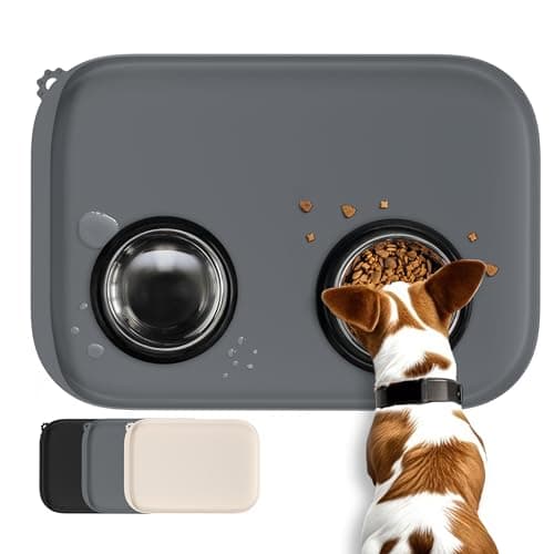 Image of Conlun Dog Food Mat with Side Pocket & Hook Hole, Soft Raised Edges, Easy Clean Waterproof Non-Slip Pet Feeding Mat for Cats and Dogs Water Bowl, Pets Accessories(46x30cm,Grey)
