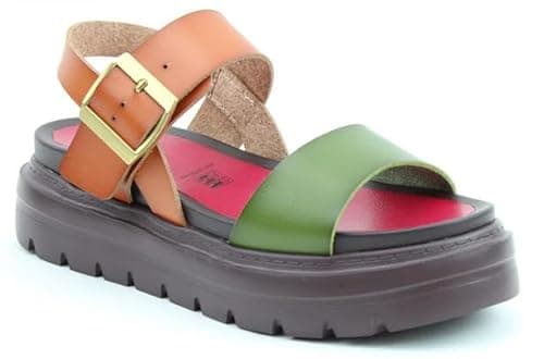 Image of Heavenly Feet Indigo Women's Faux Leather Vegan Sandals Chunky Sole Buckle Strap (Forest & Tan, UK Footwear Size System, Adult, Women, Numeric, Medium, 7)