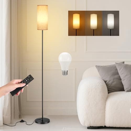 Image of Floor Lamp for Living Room, 12W Modern Standing Lamp with Beige Linen Lampshade, Magnetic Remote Control and Foot Switch, Stepless Dimmable Colors Temperature & Brightness,171cm