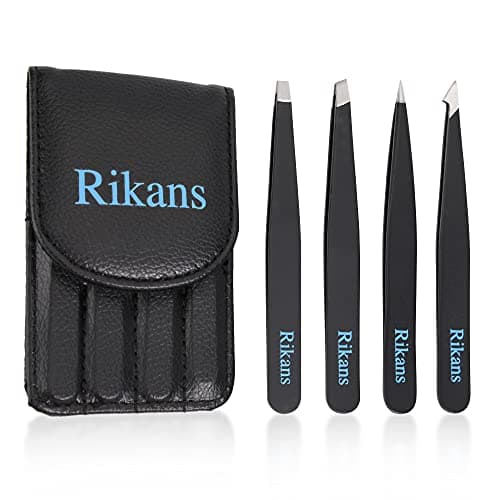 Image of Rikans Tweezers for Facial Hair Women & Men Tweezers Set of 4 pcs Handy Carry Pouch Superior Stainless Steel tweezer Set.