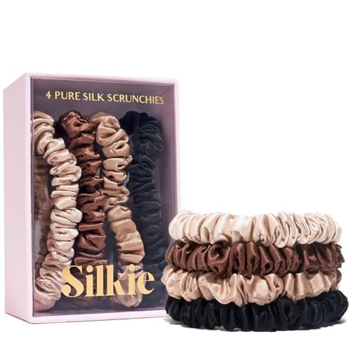 Image of SILKIE x4 Set 100% Pure Mulberry Silk Black Brown Skinny Scrunchies Travel Pouch Everyday Hair Ties Elastics Hair Care Ponytail Holder No Damage