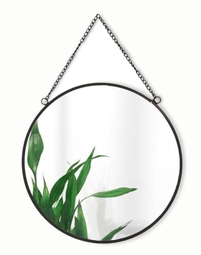 Image of GreyZouq Black Round Mirror 25 cm, Round Vintage Metal Framed Wall Mirror with Hanging Chain, for Bathroom, Bedroom, Hallway and Living Room Vintage/contemporary (Black)