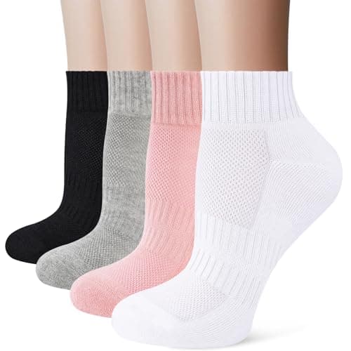 Image of Stoeury White Sports Ankle Socks Women, Anti Blister Cushioned Quarter Socks Mens Black, Ladies Trainer Walking Running Sock, Breathable Cotton Casual Athletic Gym Sock 4 Pairs, Pink Grey 6-8
