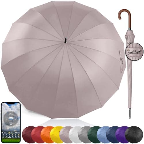 Image of Royal Walk Windproof Umbrella Black Large 54 Inch Automatic Open for 2 Persons Stormproof for Men Women Classic Wooden Handle Lightweight Waterproof Durable Strong 16 Ribs Travel Golf 120cm Beige