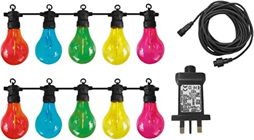 Image of Luxform Lighting Maui 10 Multi Coloured LED Festoon Party String Lights for Indoors/Outdoors – Mains Powered - IP44 Rated - Connectable - 5M Extension Lead Included